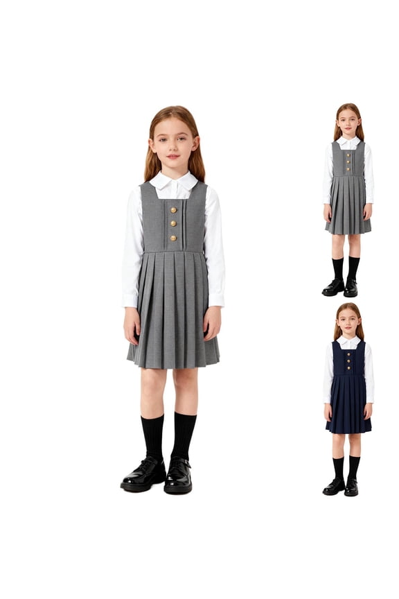 Teen Girls School Uniform Dress, Pleated Casual Sleeveless Button Jumper Dress Gray Size 13-14 Years