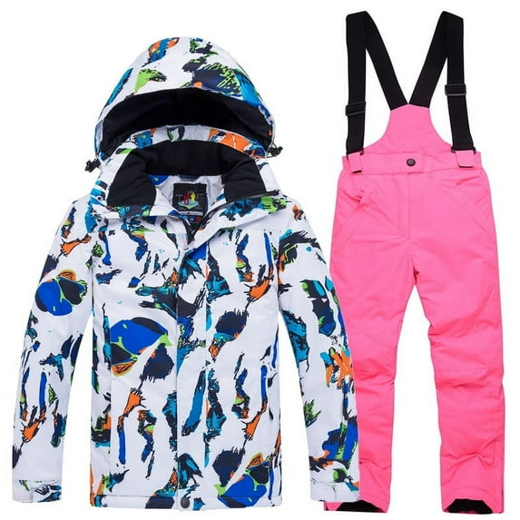 SGFCWSX Teens Ski Jacket and Suspender Pants Set Boys Girls Windproof 2 Piece Waterproof Colorful Print Snow Suit with Hood for Boys Girls Winter Outdoor Skiing Snowboarding Pink Size 12-14 Years