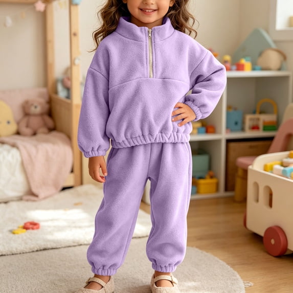 SGFCWSX Toddler Girl 2 Piece Set Half Zip Fleece Sweatshirt and Jogger Pants Mock Neck Long Sleeve Soft Warm Cozy Casual Sweatsuit Purple Size 9M