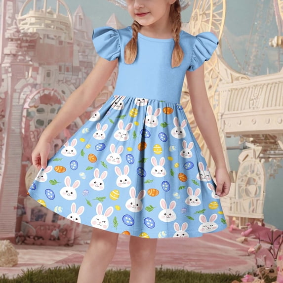 SGFCWSX Toddler Girls Summer Dress Flutter Sleeve Bunny Print Party Casual A-Line Dress for Kids Blue Size 5T