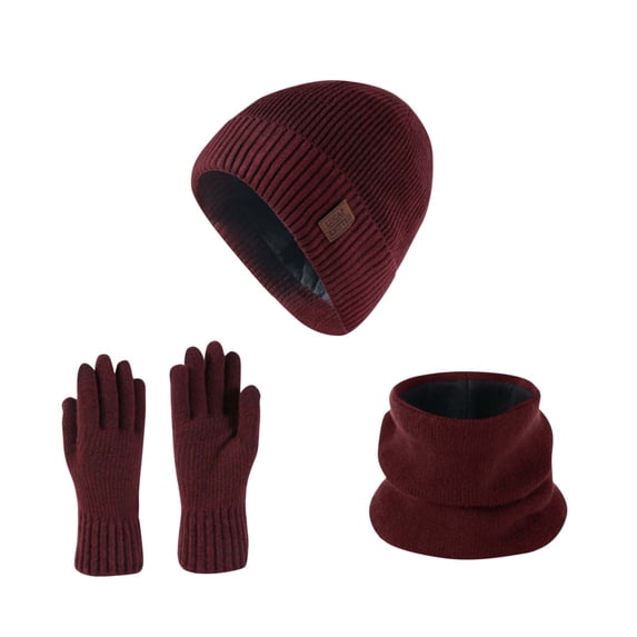 SGFCWSX Unisex Cold Resistant Woolen Hat Three Piece Set,With Plush Insulation Gloves,Scarf Warm Outdoor Knitted Hat Wine Free Size