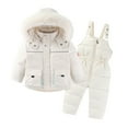thumbnail image 1 of SGFCWSX Unisex Winter Snowsuit Set Boys Girls Furry Hooded Puffer Jacket and Adjustable Bib Overalls 2 Piece Solid Color Cold Weather Outfit for Kids White Size 5-6 Years, 1 of 9