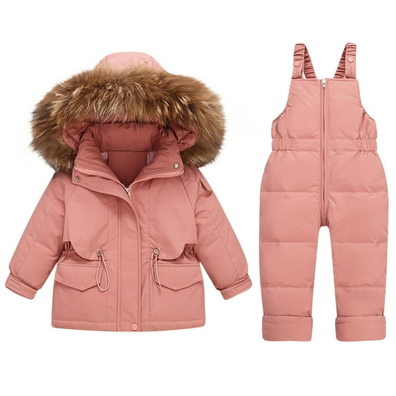 SGFCWSX Unisex Winter Snowsuit Set Furry Hooded Puffer Jacket and Bib Snow Overalls 2 Piece Cold Weather Solid Color Set for Kids Watermelon Red Size 18-24Months