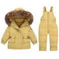 thumbnail image 1 of SGFCWSX Unisex Winter Snowsuit Set Furry Hooded Puffer Jacket and Bib Snow Overalls Cold Weather 2 Piece Solid Color Set for Kids Yellow Size 12-18Months, 1 of 8