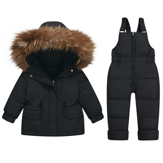 SGFCWSX Unisex Winter Snowsuit Set Furry Hooded Puffer Jacket and Bib Snow Overalls Solid Color 2 Piece Cold Weather Set for Kids Black Size 2-3 Years