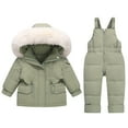 thumbnail image 1 of SGFCWSX Unisex Winter Snowsuit Set Furry Hooded Puffer Jacket and Bib Snow Overalls Cold Weather 2 Piece Set for Kids Green Size 18-24Months, 1 of 8