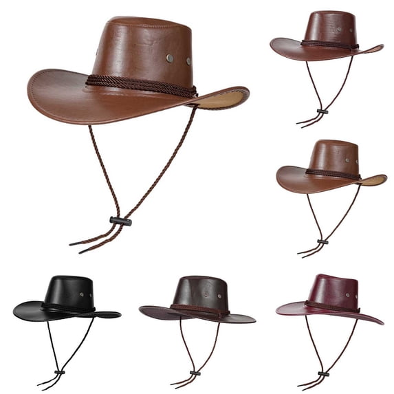 SGFCWSX West Cowboy Hats,Sun-Blocking Wide Brim Breathable Adjustable Drawstring Vintage Western Hat Brown