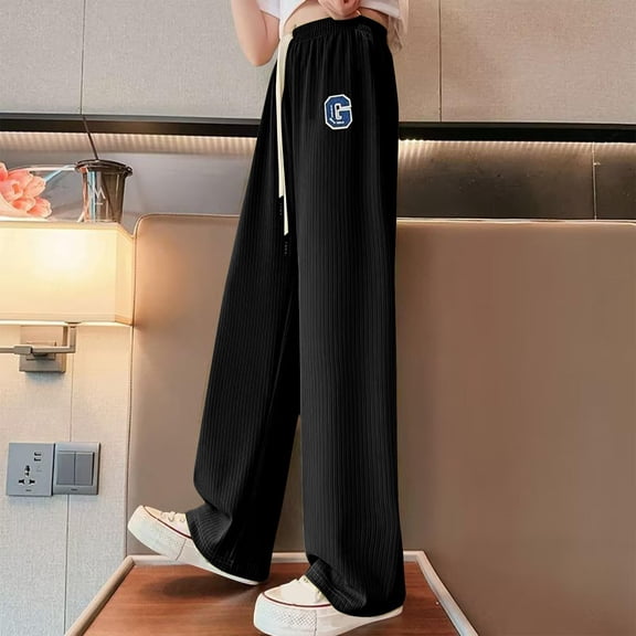 SGFCWSX Wide Leg Pants for Girls Ice Silk Thin Fashion Print Straight Leg Soft Sweatpants Summer Black Size 13 Years