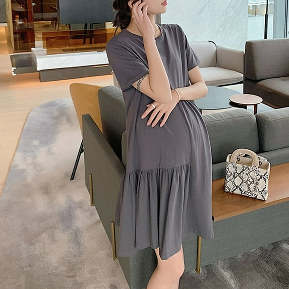 SGFCWSX Women Maternity Dress, Shorts Sleeve Crewneck Solid Color Sleeveless Mid Length Nightgown Pregnancy Skirt Gray XXXL