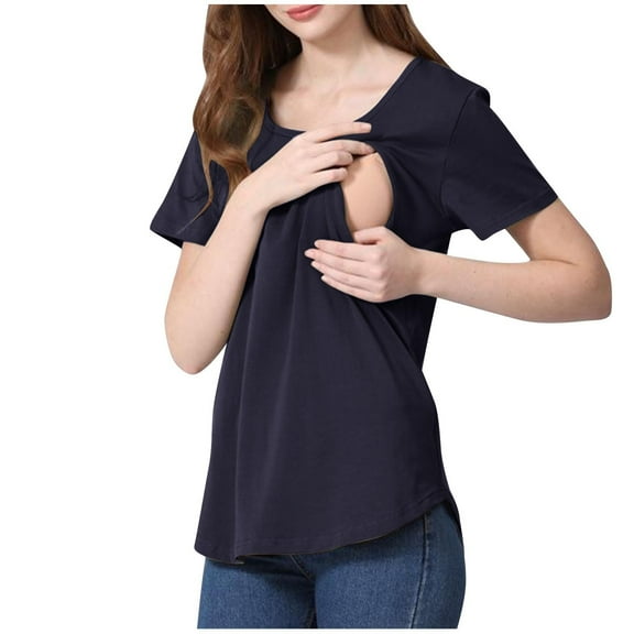 SGFCWSX Women Maternity Nursing Tops, Solid Color Crew Neck Shorts Sleeve Breastfeeding Shirts Blouse Dark Blue XXXL