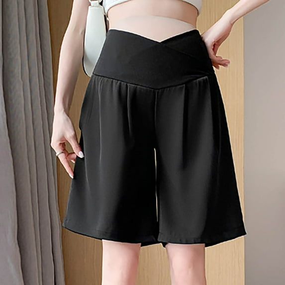 SGFCWSX Women Maternity Shorts, Casual Capris Solid Color Loose Fit Adjustable Belly Band Pregnancy Pants Black L