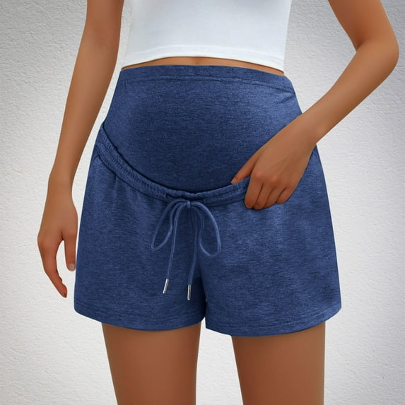 SGFCWSX Women Maternity Shorts, Casual Homewear Solid Color Belly Support Pregnancy Pants Navy L