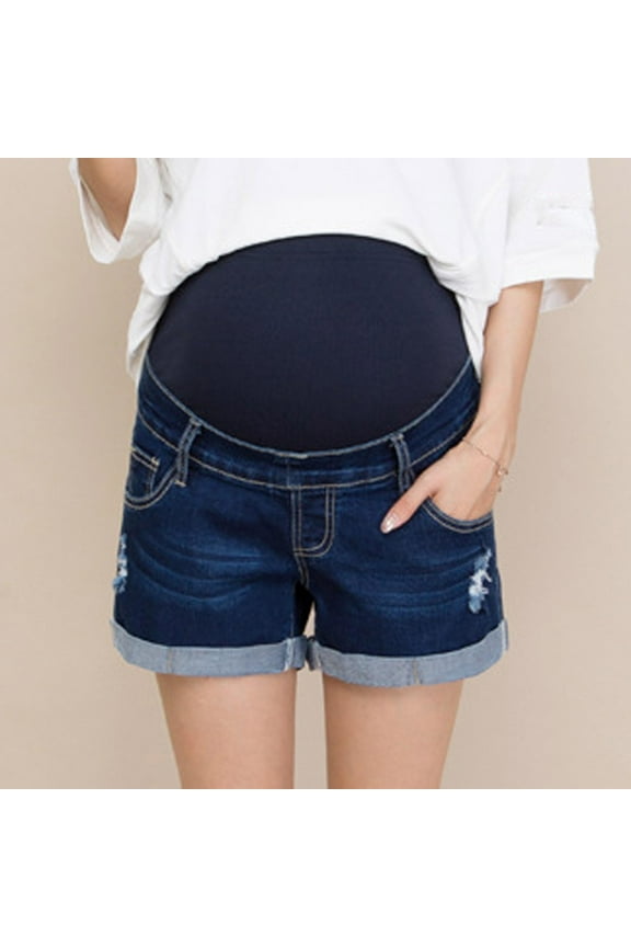 Women Maternity Shorts Jeans, High Waist Belly Support Casual Pockets Pregnancy Pants Blue L