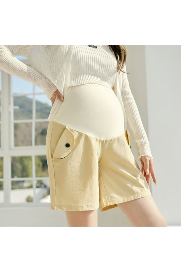 Women Maternity Shorts, Solid Color Loose Fit Plus Size High Waist Half Shorts Casual Pregnancy Pants Yellow M