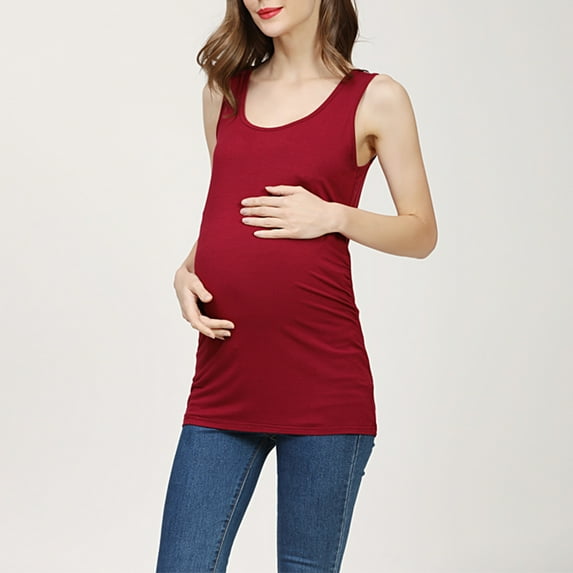 SGFCWSX Women Maternity Tank Tops, Solid Color Sleeveless Breathable Round Neck Pregnancy Vest Red XL