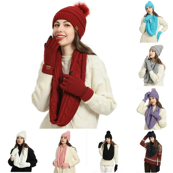 SGFCWSX Women's Four-Piece Hat Set,Fashionable Warmth Knitted Winter Hat Scarf Glove Socks Wine Free Size