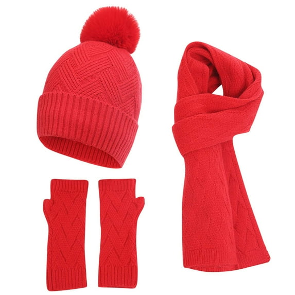 SGFCWSX Women's Thick 3 Piece Set Hat,Scarf Solid Color Touchscreen Gloves Winter Warm Hats Set Red Free Size