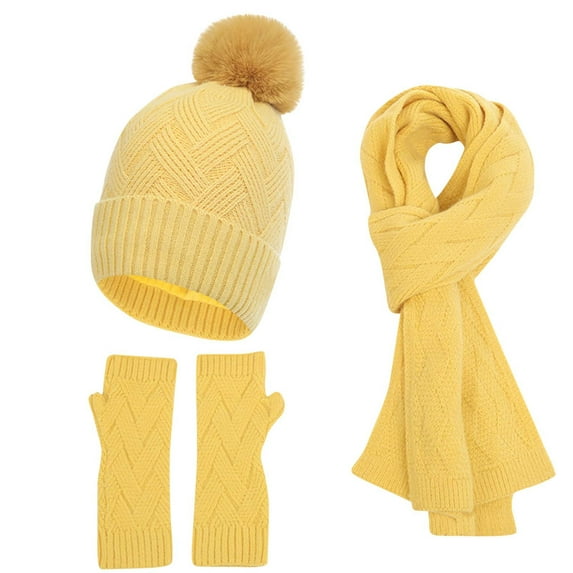 SGFCWSX Women's Thick 3 Piece Set Hat,Scarf Solid Color Winter Warm Touchscreen Gloves Hats Set Yellow Free Size
