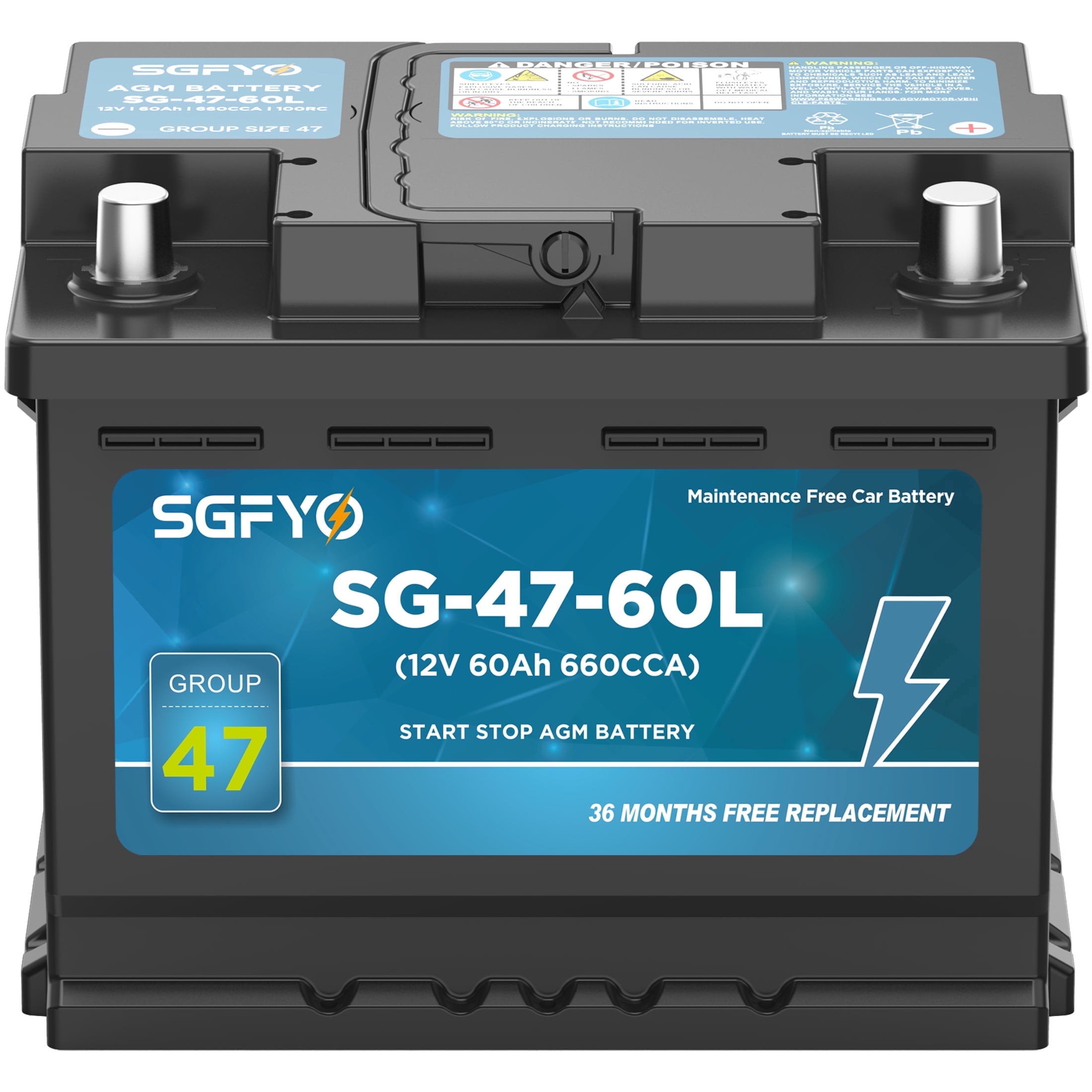 SGFYO Group Size 47 AGM Car Battery ,12V 60Ah 660CCA 100RC Maintenance Free H5 L2 Automotive Replacement Batteries