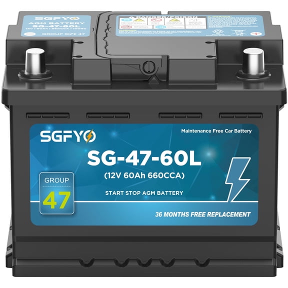 SGFYO Group Size 47 AGM Car Battery ,12V 60Ah 660CCA 100RC Maintenance Free H5 L2 Automotive Replacement Batteries
