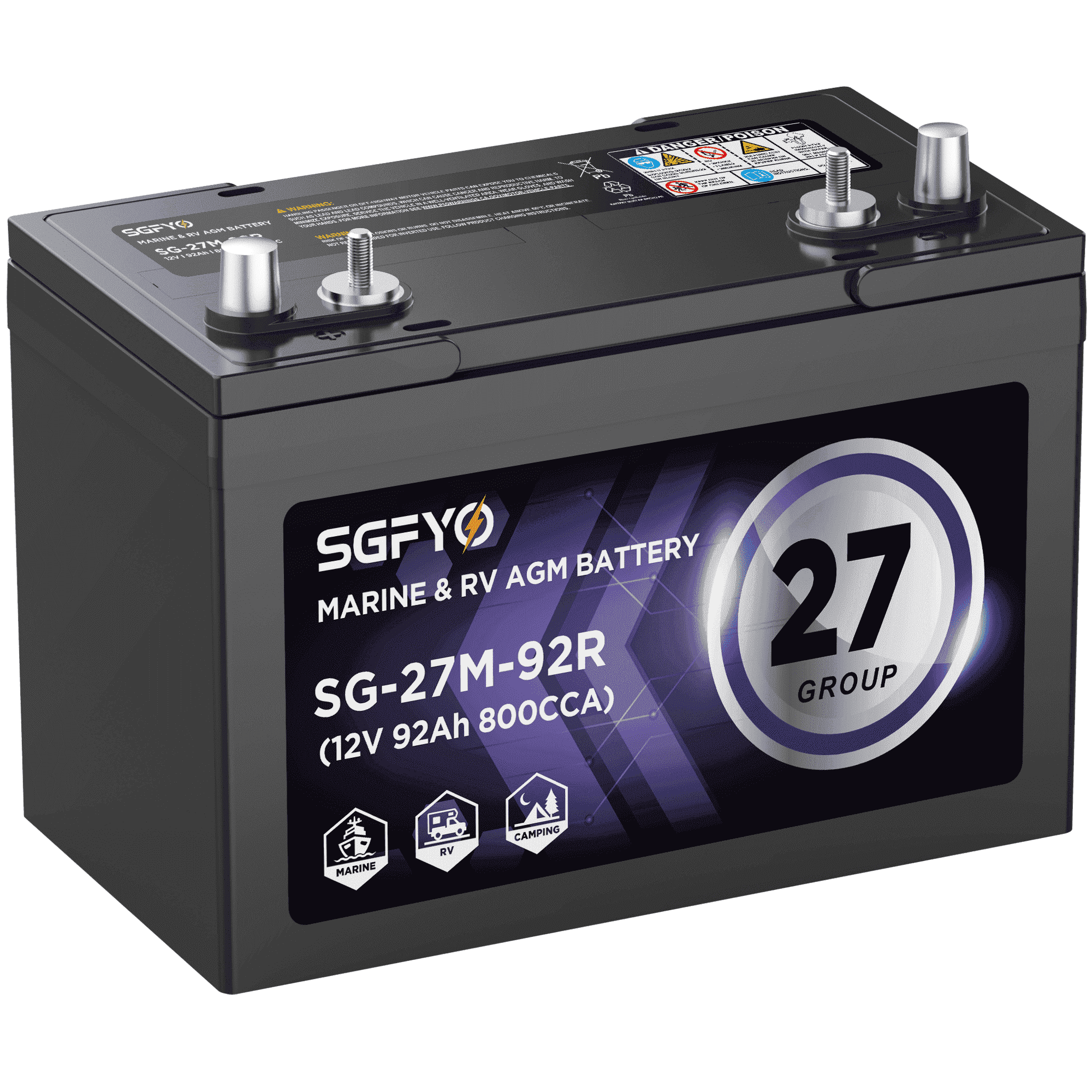 SGFYO Group Size 27M Dual Purpose Marine Battery,12V 92Ah 800CCA 175RC 960MCA,AGM Starter and Deep Cycle RV & Boat Batteries