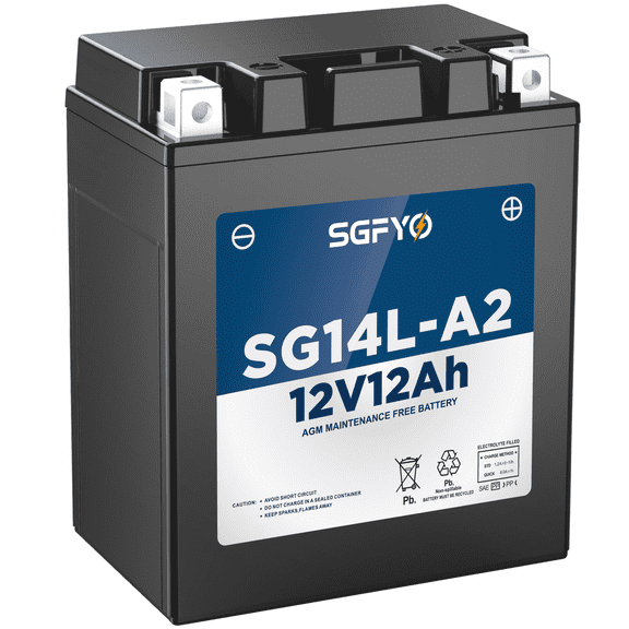 SGFYO YB14L-A2 Motorcycle Battery, 12V 12Ah 220CCA Sla AGM High Performance Maintenance-Free Rechargeable Battery for Powersports, JIS 14L-A2