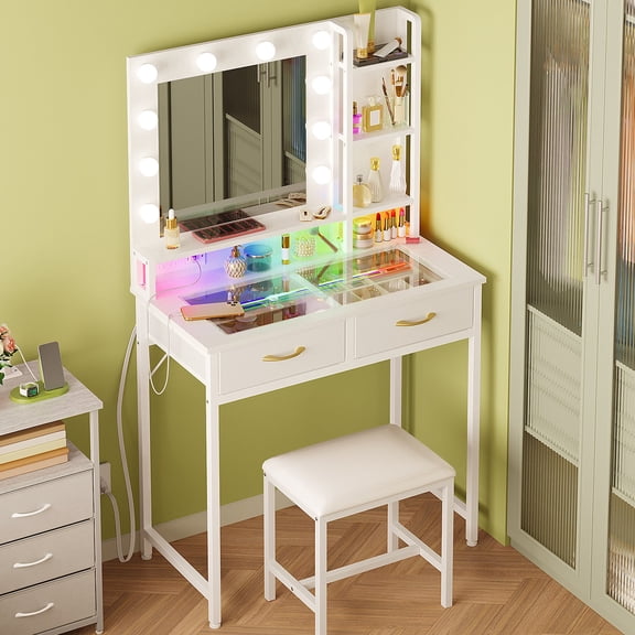SGHUO Vanity Desk with LED Mirror, Hollywood Makeup Table with 10 Dimmable Bulbs, RGB Lights, Glass Top, Charging Station, Drawers, Shelves & Stool, White