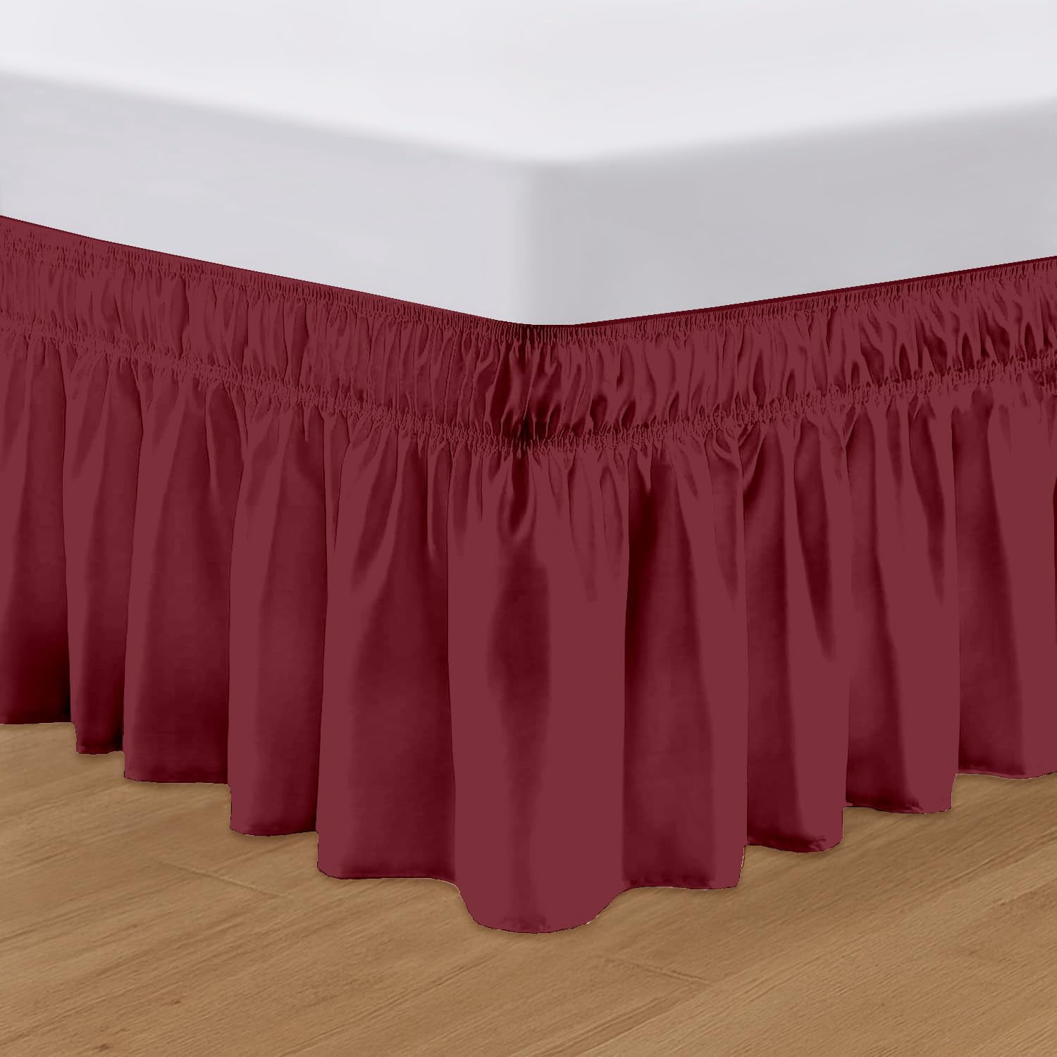 SGI bedding 15 inch Drop Wraparound Bed Skirt Twin Size - No Lifting Required, Adjustable Easy Fit Elastic Strap, Classic Gathered Styling Dust Ruffle, Fade Resistant -Burgundy