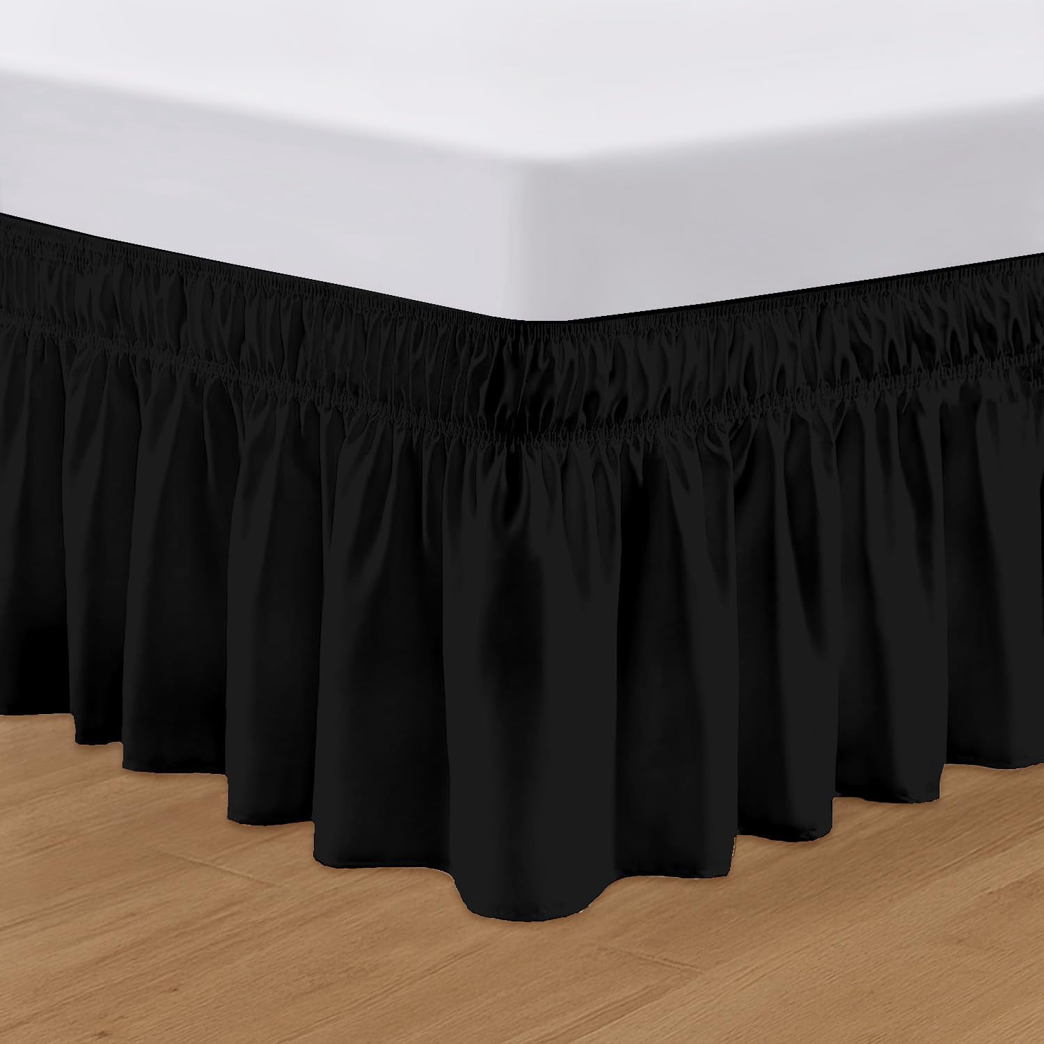 SGI bedding 12 inch Drop Wraparound Bed Skirt King Size - No Lifting Required, Adjustable Easy Fit Elastic Strap, Classic Gathered Styling Dust Ruffle, Fade Resistant -Black