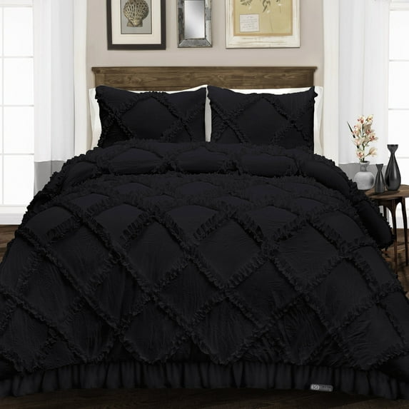 SGI Bedding 3 Piece Cotton Diamond Ruffle Duvet Cover Black Solid 600TC Oversized King