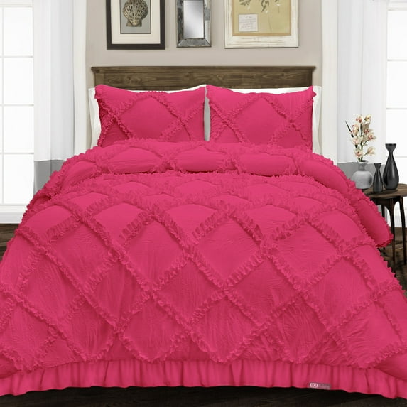 SGI Bedding 3 Piece Cotton Diamond Ruffle Duvet Cover Hot Pink Solid 600TC Twin XL