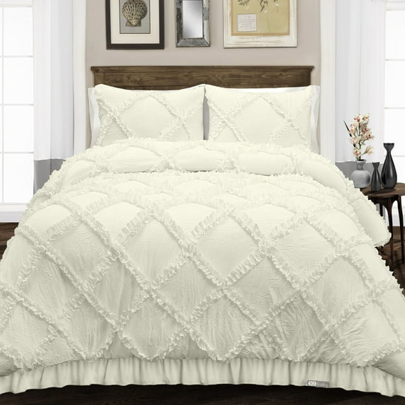 SGI Bedding 3 Piece Cotton Diamond Ruffle Duvet Cover Ivory Solid 600TC King