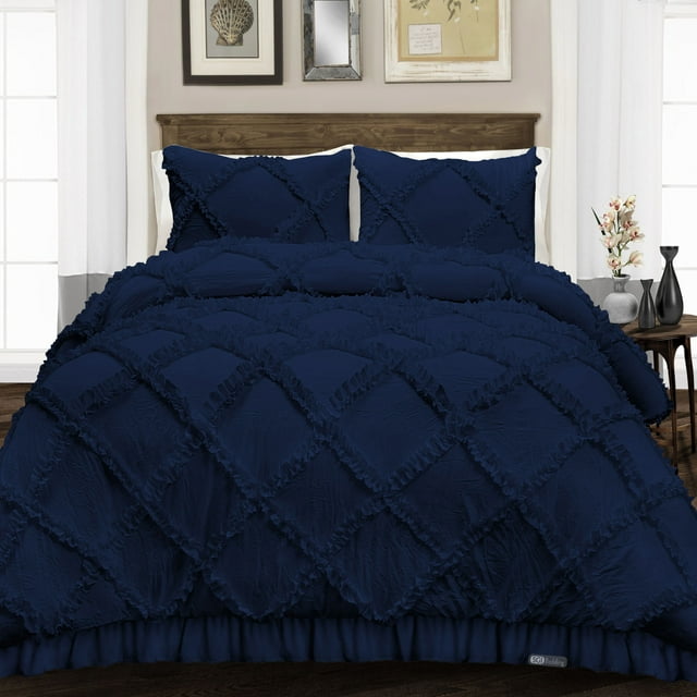 SGI Bedding 3 Piece Cotton Diamond Ruffle Duvet Cover Navy Blue Solid 600TC Queen