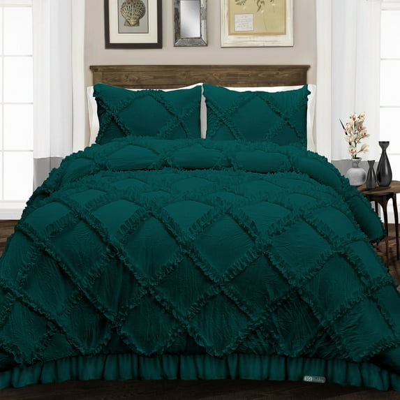 SGI Bedding 3 Piece Cotton Diamond Ruffle Duvet Cover Teal Solid 600TC King