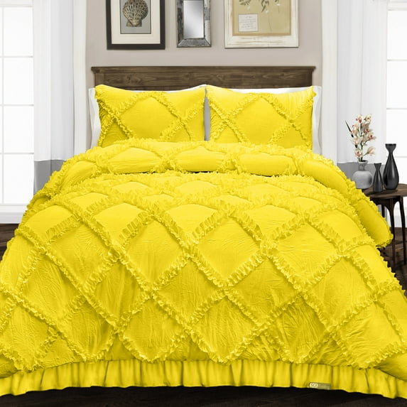 SGI Bedding 3 Piece Cotton Diamond Ruffle Duvet Cover Yellow Solid 600TC Full