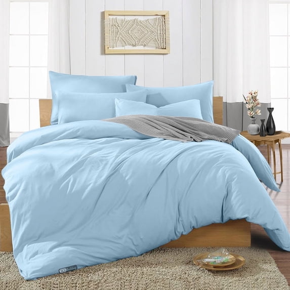 SGI Bedding 3 Piece Cotton Duvet Cover Light Blue Solid 600 Thread Count Oversized Queen