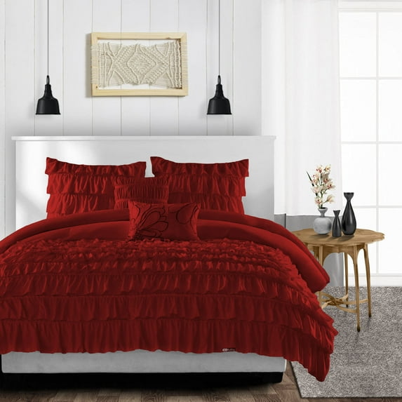 SGI Bedding 3 Piece Cotton Multi Ruffle Duvet Cover Burgundy Solid 600TC Oversized King