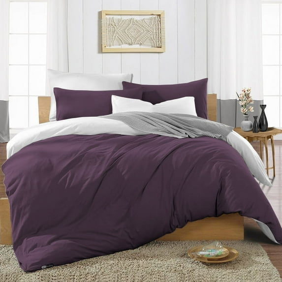 SGI Bedding 3 Piece Reversible Cotton Duvet Cover Plum Solid 600TC Queen