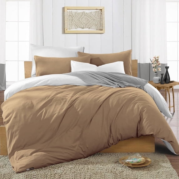 SGI Bedding 3 Piece Reversible Cotton Duvet Cover Taupe Solid 600TC Queen