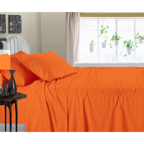 SGI Bedding 600 TC Egyptian Cotton Bed Sheet Set - Alberta King Size Sheets 600 Count Sheets Soft, Durable Sheets Cotton Sheets in 600 TC 15" Deep, Orange Stripe