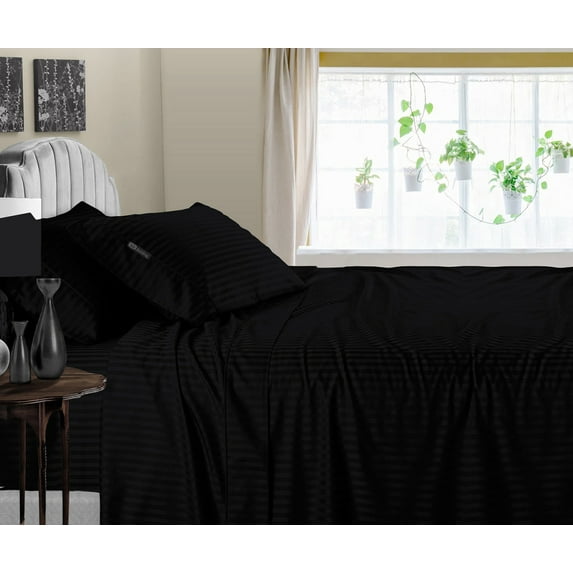 SGI Bedding 600 TC Egyptian Cotton Bed Sheet Set - Family King Size Sheets 600 Count Sheets Soft, Durable Sheets Cotton Sheets in 600 TC 18" Deep, Black Stripe