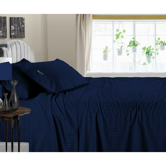 SGI Bedding 600 TC Egyptian Cotton Bed Sheet Set - Family XL Size Sheets 600 Count Sheets Soft, Durable Sheets Cotton Sheets in 600 TC 18" Deep, Navy Blue Stripe