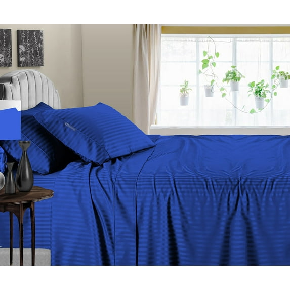 SGI Bedding 600 TC Egyptian Cotton Bed Sheet Set - Family XL Size Sheets 600 Count Sheets Soft, Durable Sheets Cotton Sheets in 600 TC 18" Deep, Royal Blue Stripe