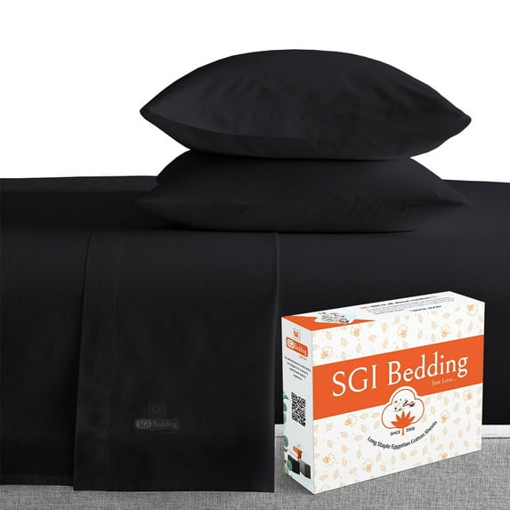 SGI Bedding 600 TC Egyptian Cotton Bed Sheet Set - Full XL Size Sheets 600 Count Sheets for Full XL Size Bed - Soft, Durable Sheets Cotton Sheets in 600 TC 12" Deep Black