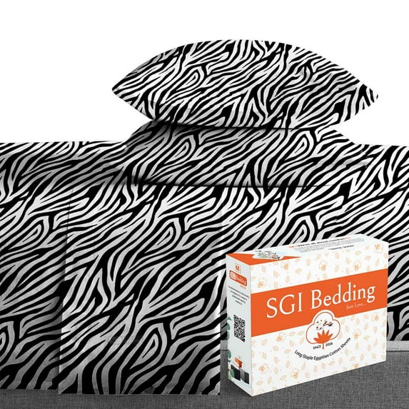 SGI Bedding 600 TC Egyptian Cotton Bed Sheet Set - Full XL Size Sheets 600 Count Sheets for Full XL Size Bed - Soft, Durable Sheets Cotton Sheets in 600 TC 12" Deep Zebra Print