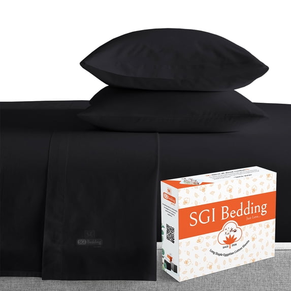 SGI Bedding 600 TC Egyptian Cotton Bed Sheet Set - Split King Size- 2 Fitted Sheet, 1 Flat Sheet, 2 Pillowcases 5Pc Soft, Durable Sheets Cotton Sheets 12" Deep Black