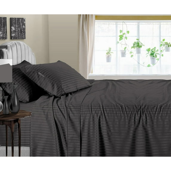 SGI Bedding 600 TC Egyptian Cotton Bed Sheet Set - Wyoming King Size Sheets 600 Count Sheets Soft, Durable Sheets Cotton Sheets in 600 TC 15" Deep, Dark Gray Stripe