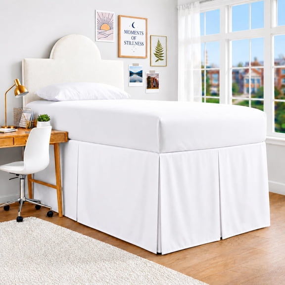 SGI Bedding Dorm Bed Skirt Twin XL 32 Inch Drop Length - White, Pleated Pattern College Dorm Room Bed Skirts - Split Corner, Easy Care, Wrinkle Free Microfiber Bed Skirt