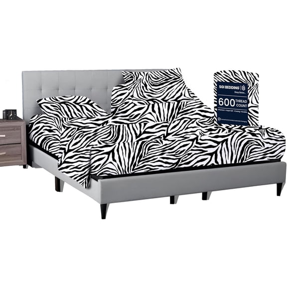 SGI Bedding 36" Queen Split Top Flex Head sheet 100% Egyptian Cotton Sheet Set - 600 Thread Count Flex Top Sheet for Adjustable Bed 4 Piece Sheet Set 15" Deep for Sleep Number bed - Zebra Print