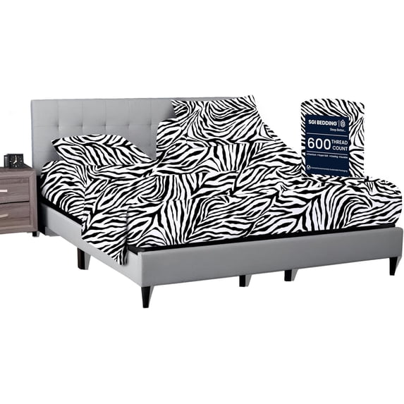 SGI Bedding 32" Queen Split Top Flex Head sheet 100% Egyptian Cotton Sheet Set - 600 Thread Count Flex Top Sheet for Adjustable Bed 4 Piece Sheet Set 15" Deep for Sleep Number bed - Zebra Print